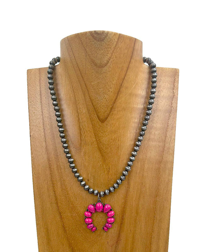 NKY241010-02-BLUE                16'' Silver Navajo pearl Beads with blue turquoise stone squash blassom pendant Necklace