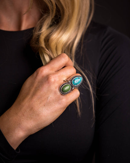 Green Teardrop and Oval Two Stone Ring