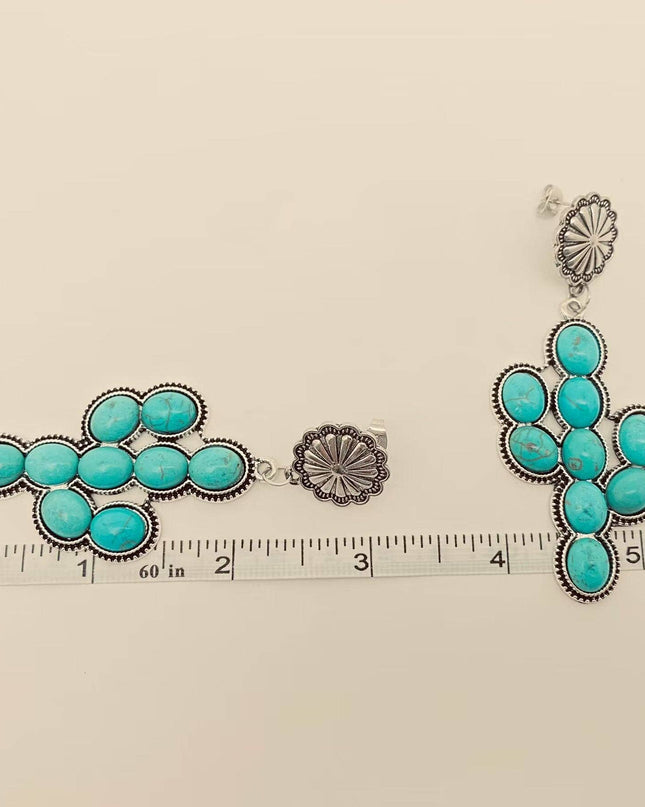 Western Style Turquoise Cactus Pendant Post Earrings - WJ