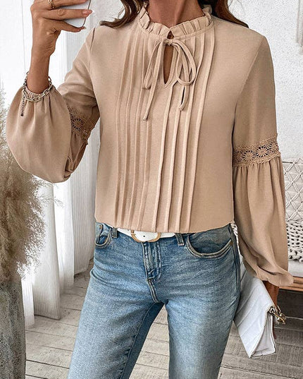 Long Sleeves Loose Pleated Solid Color Split-Joint V-Neck Blouses&Shirts Tops