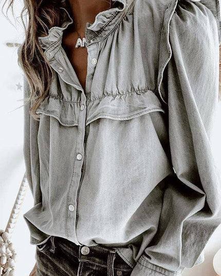 Long Sleeves Loose Buttoned Pleated Ruffled Solid Color Split-Joint Stand Collar Blouses&Shirts Tops