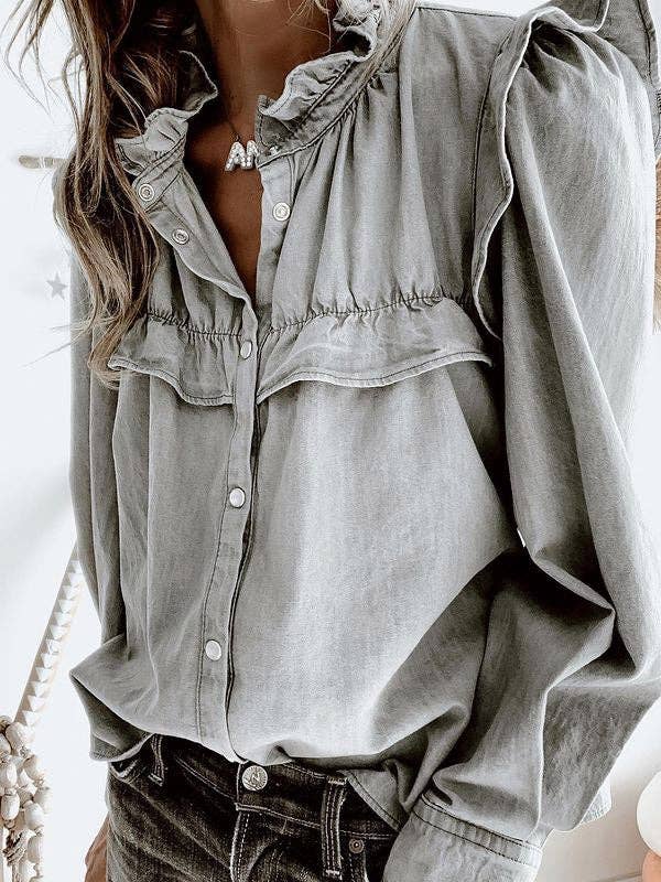 Long Sleeves Loose Buttoned Pleated Ruffled Solid Color Split-Joint Stand Collar Blouses&Shirts Tops