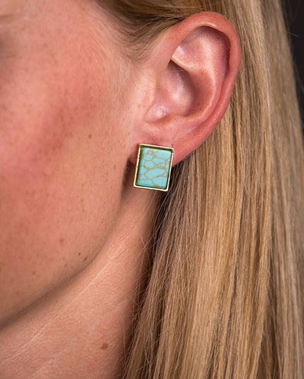 Gold Rectangular Turquoise Stud Earrings