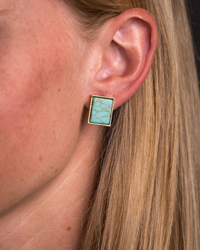 Gold Rectangular Turquoise Stud Earrings