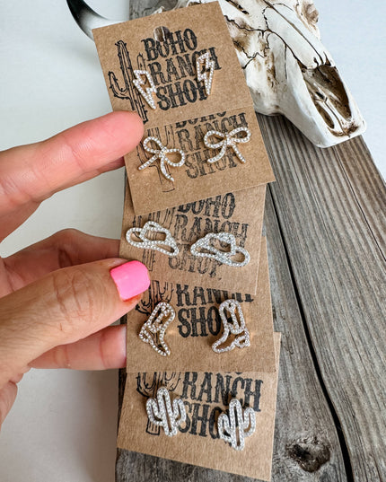 Western cut out paved Stud earrings - cowboy boots hat bow 