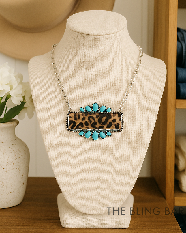 Sunset Standoff Necklace – Turquoise & Leopard Western Statement Piece