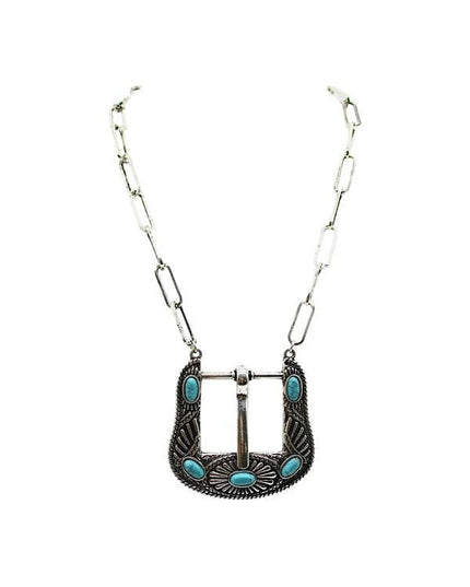 Western Large Belt Buckle Turquoise Look Necklace