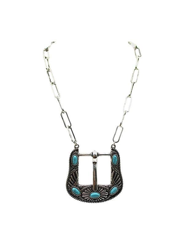 Western Large Belt Buckle Turquoise Look Necklace