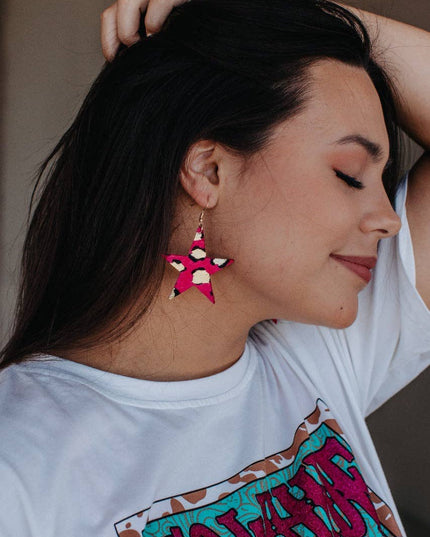 Shine bright, fuchsia star cowhide earring