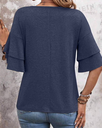 Solid Colour V-Neck Double Layer Sleeve Loose T-Shirt