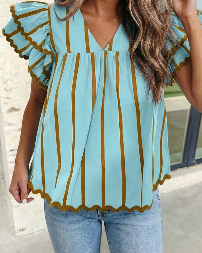 Stripe Ricrac Trim Ruffle V Neck Blouse S-XL