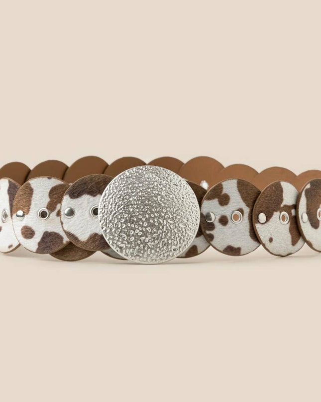 Western Inspired Cowhide Large Round Buckle Vegan Leather Belt