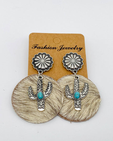 Western Style Cactus Animal Skin Double Charm Earrings - WJ
