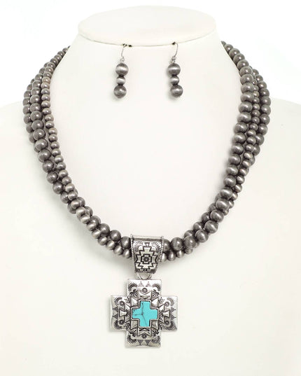 Western Metallic Rock Bead Cross Necklace Set