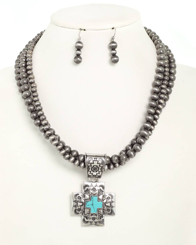Western Metallic Rock Bead Cross Necklace Set