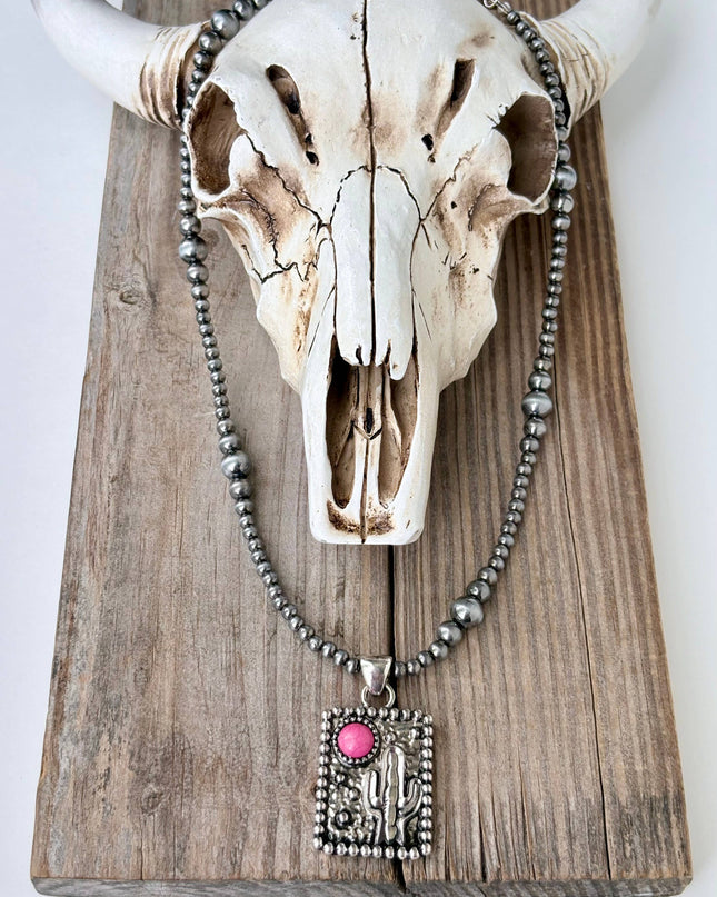 Western Cactus Turquoise Stone Navajo Pearl Pendant Necklace