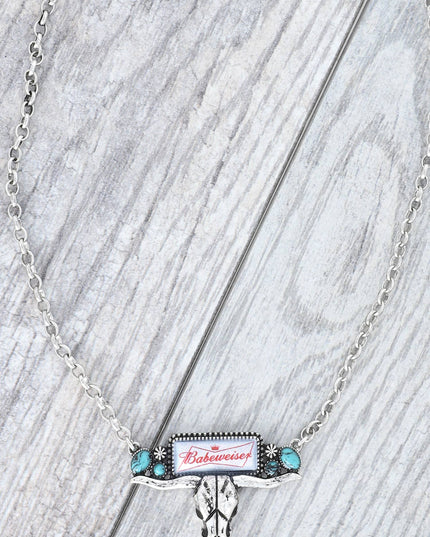 Enamel "Babeweiser" Longhorn Skull Charm Necklace