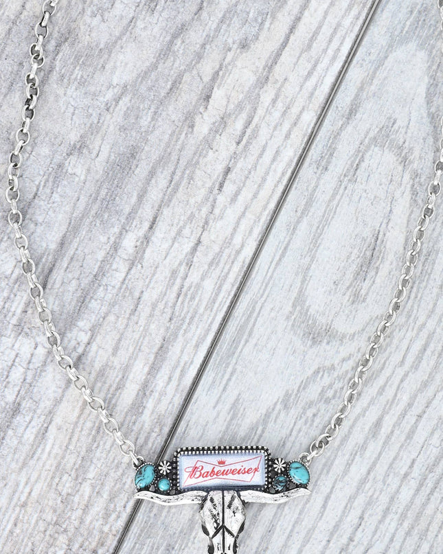 Enamel "Babeweiser" Longhorn Skull Charm Necklace