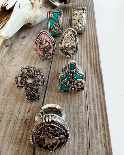 Western Style Stone Pendant Cutout Stretch Ring