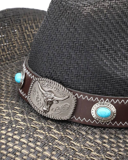 Western Long Horn Concho Strap Straw Cowboy Hat