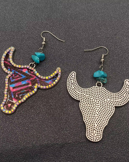 Western Style PU Leather Rhinestone Ox Head Earrings - WJ