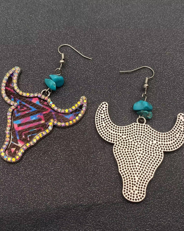 Western Style PU Leather Rhinestone Ox Head Earrings - WJ