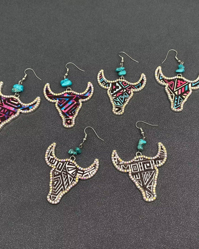 Western Style PU Leather Rhinestone Ox Head Earrings - WJ