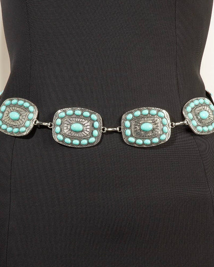 Western Turquoise Round Studded Rectangle Concho Chain Belt