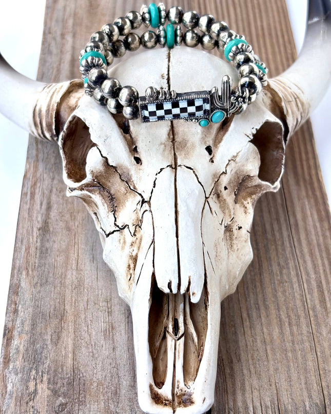 2 Layered Western Cactus Checker Stone Stretch Bracelet