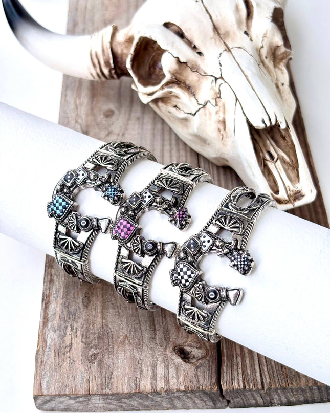 Western Horseshoe Spade Checker Stretch Bracelet - White
