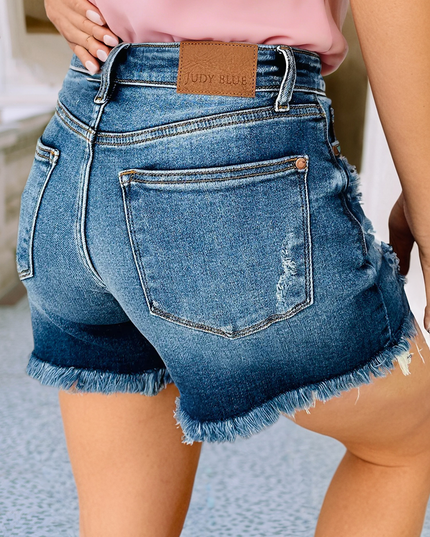 LDC Asymmetric Raw Hem Distressed Whiskery Denim Shorts
