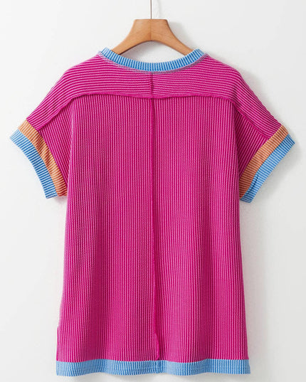 Textured Contrast Trim Round Neck T Shirt