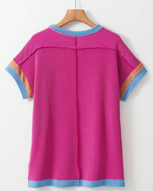 Textured Contrast Trim Round Neck T Shirt