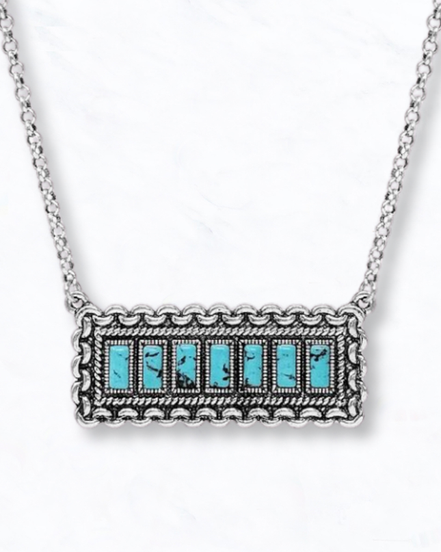Silver Tone Stone Rectangle Inlay Bar Necklace