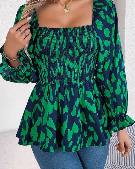 Leopard Square Neck Long Sleeves Frilled Blouse
