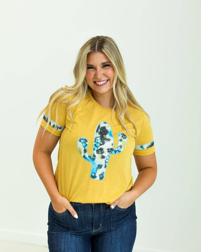 Cactus and Turquoise on Mustard Tee with Cowprint