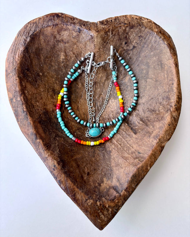 3 Layered Navajo Style Pearl Bead & Stone Concho Bracelet