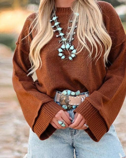 Crewneck Bell Sleeve Knit Sweater with Relaxed Fit