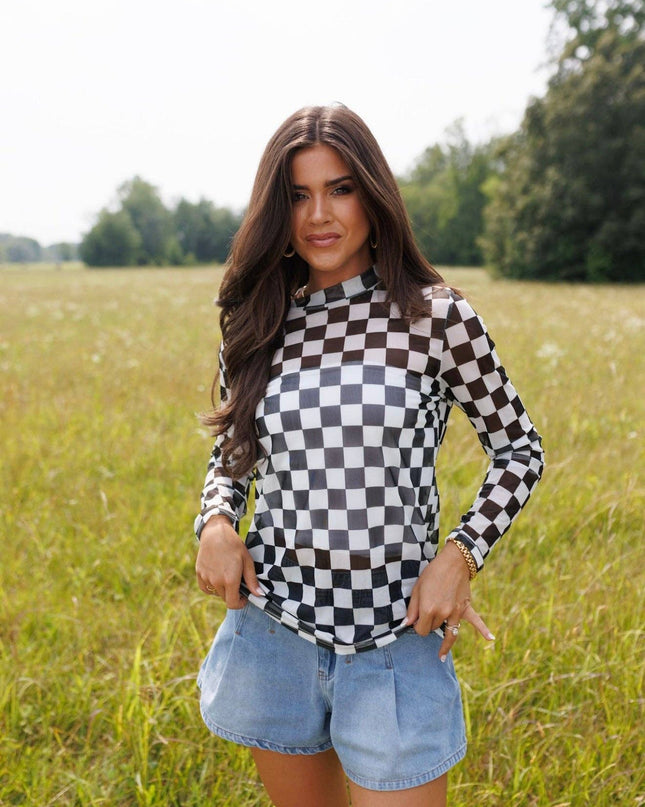 Black Checkerboard Mesh Top