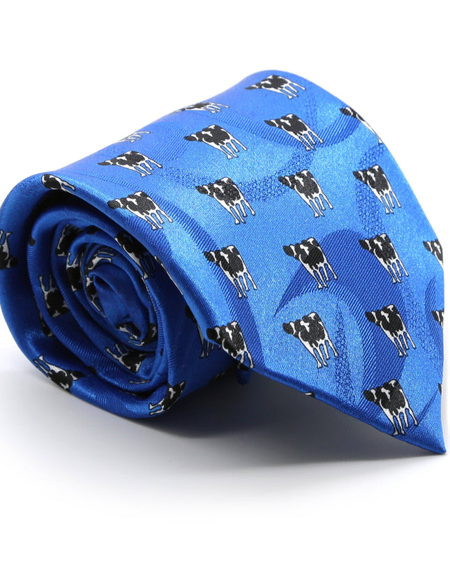 Cow Blue Necktie with Handkerchief Set
