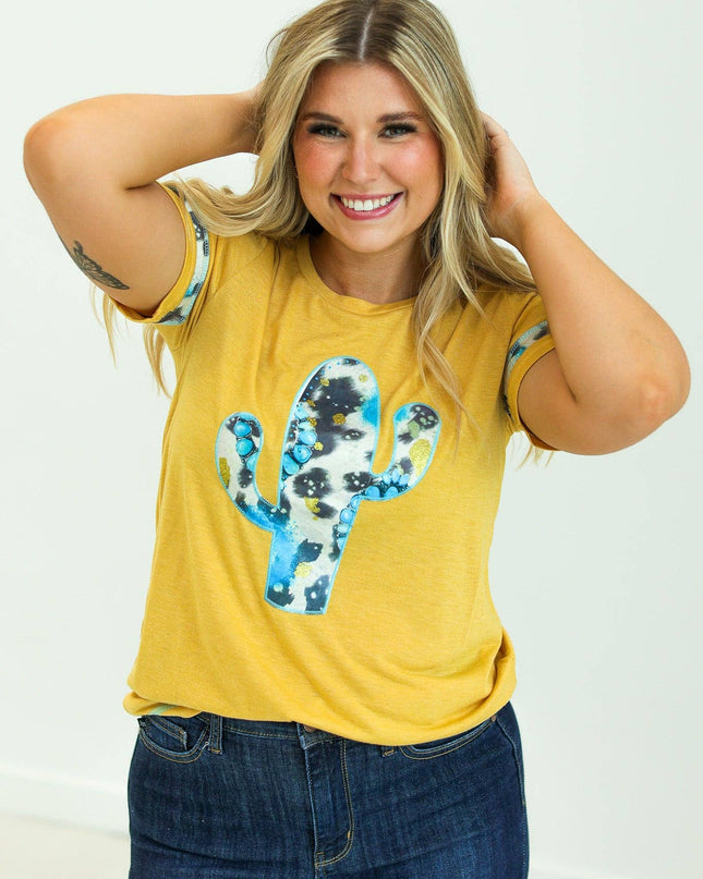 Cactus and Turquoise on Mustard Tee with Cowprint