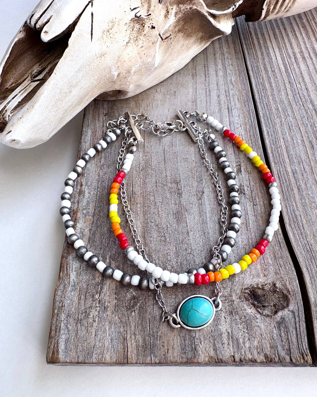3 Layered Navajo Style Pearl Bead & Stone Concho Bracelet