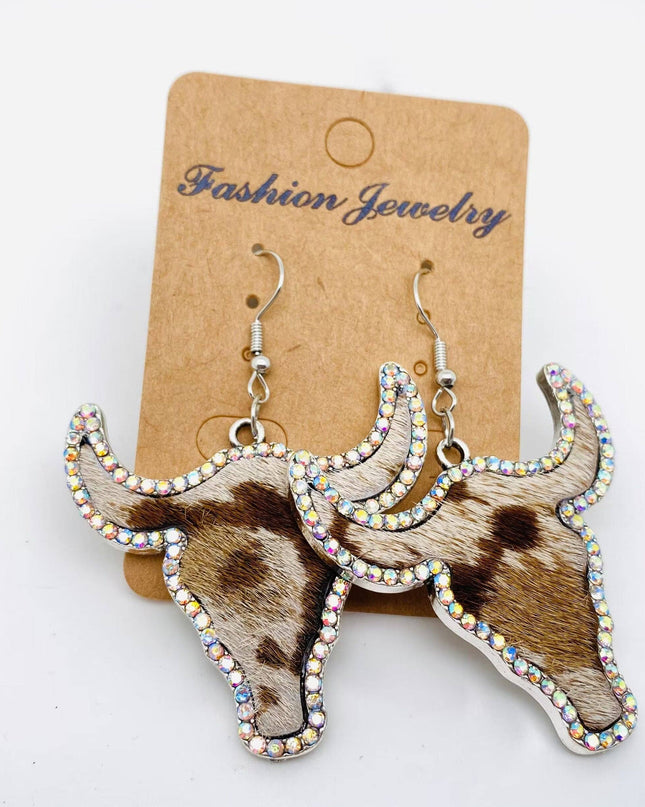 Western Style Cowboy Rhinestone Cowhide Cowhead Earrings -WJ