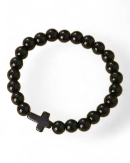 Crackled Stone Stretch Cross Bracelets in Pink or Black