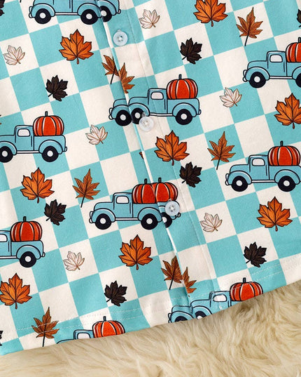 Blue Fall & checkered printed boys button up shirt. TPB60367 AMY