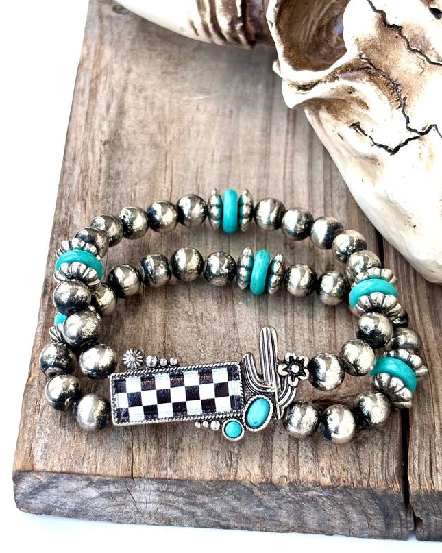 2 Layered Western Cactus Checker Stone Stretch Bracelet