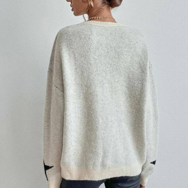 Round Neck Sweater With Five-Pointed Star Print