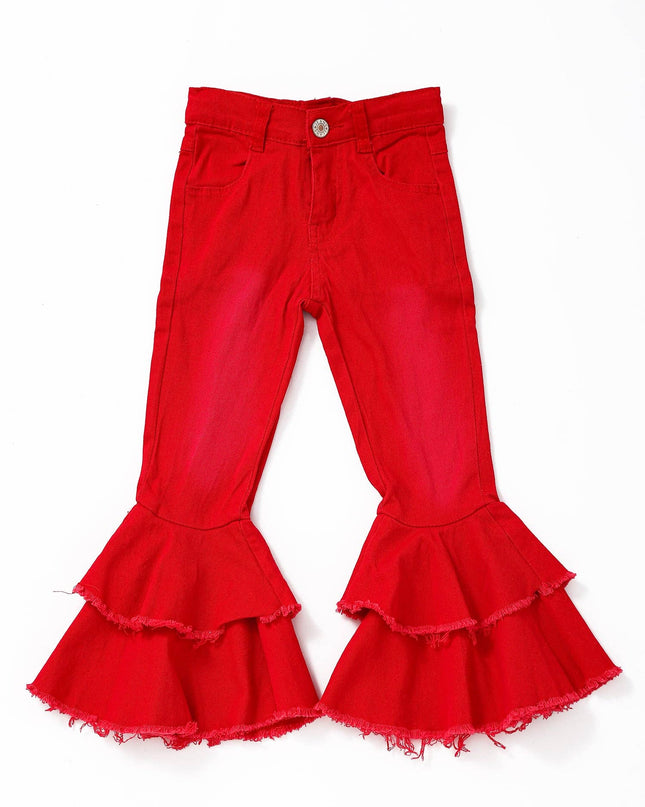 Red Double Layer Girls Bell Bottom Jeans