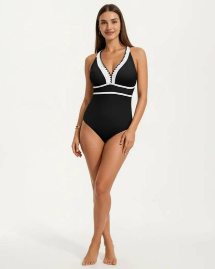 One Piece Swimsuit with Deep V Neck Contrast Trim and Sculpted Waist Design