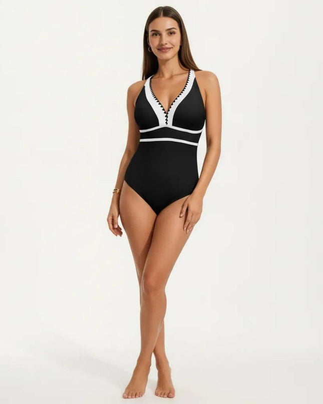 One Piece Swimsuit with Deep V Neck Contrast Trim and Sculpted Waist Design